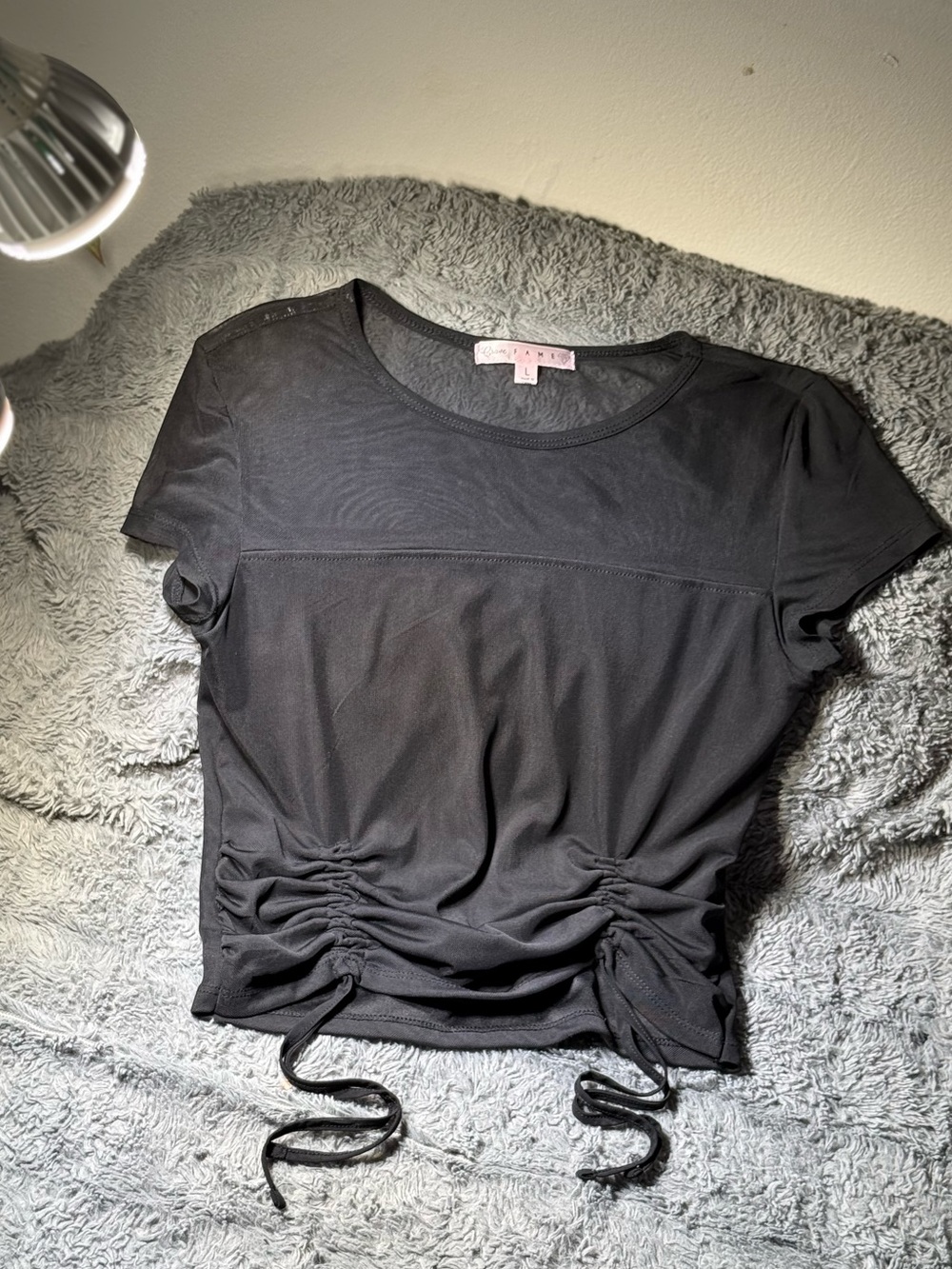 Crave Fame Black Short-Sleeve Ruched Drawstring Crop Top